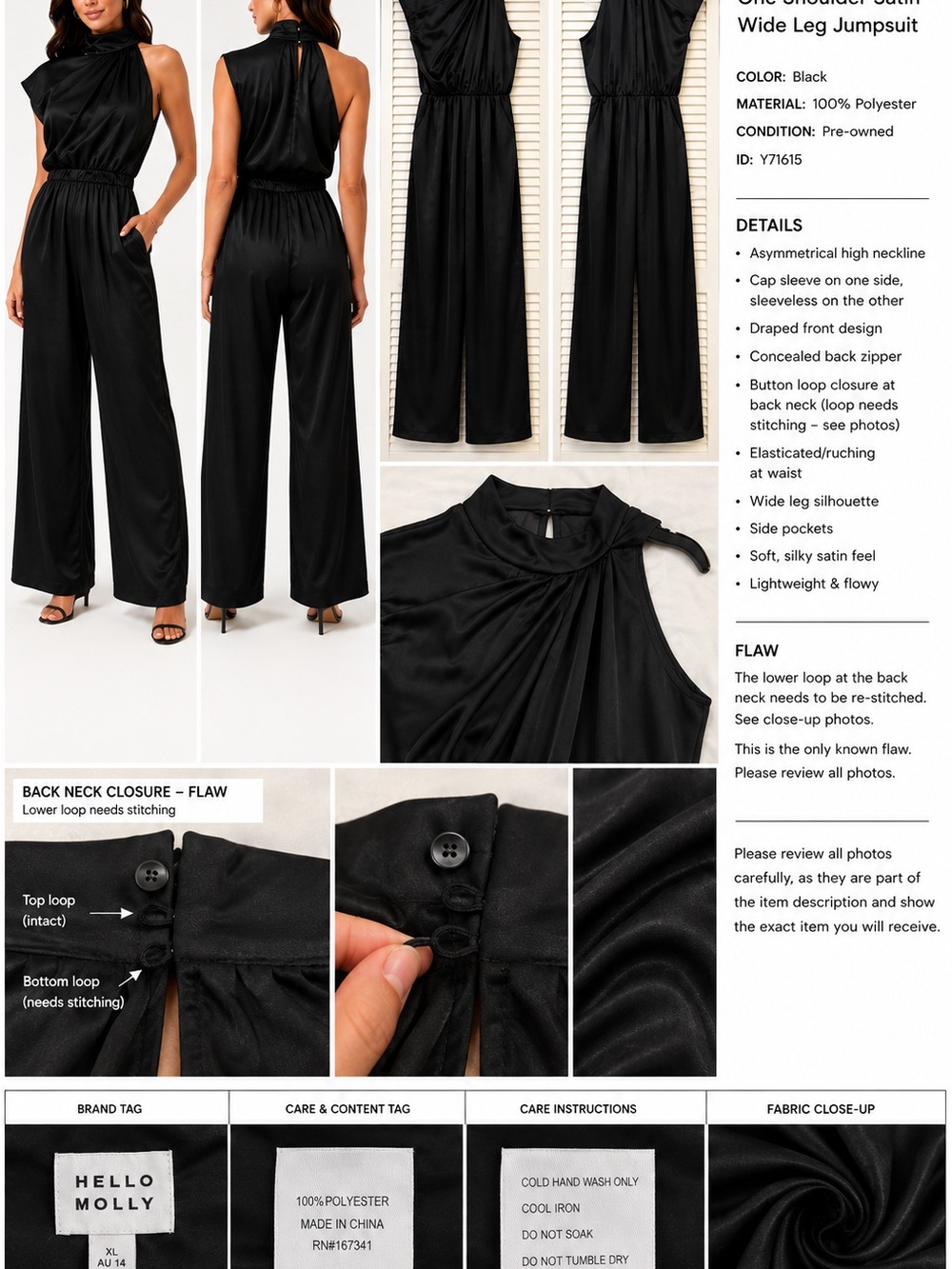 Hello Molly Black One-Shoulder Satin Wide-Leg Jumpsuit